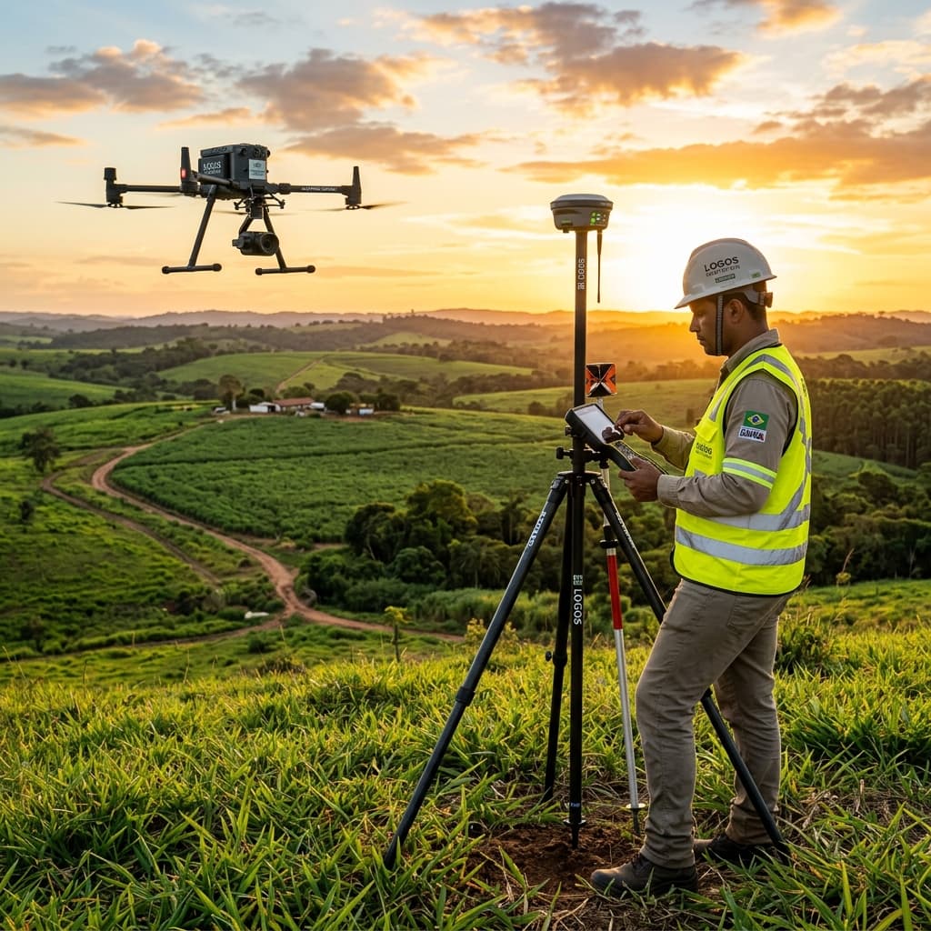 Equipe da TopoAgro realizando levantamento topográfico com GNSS RTK e Drone